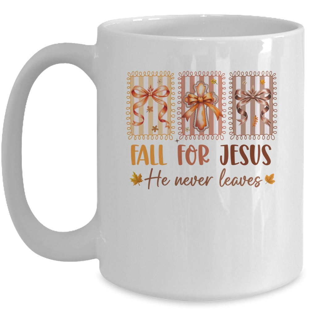 Coquette Bow Cross Fall For Jesus He Never Leaves Christian Mug | siriusteestore