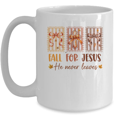 Coquette Bow Cross Fall For Jesus He Never Leaves Christian Mug | siriusteestore