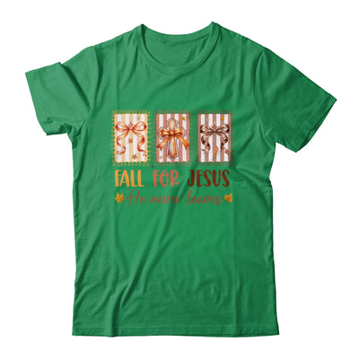 Coquette Bow Cross Fall For Jesus He Never Leaves Christian Shirt & Sweatshirt | siriusteestore