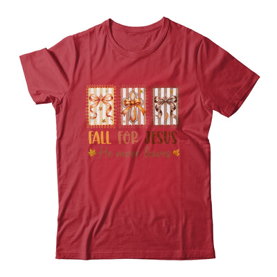 Coquette Bow Cross Fall For Jesus He Never Leaves Christian Shirt & Sweatshirt | siriusteestore