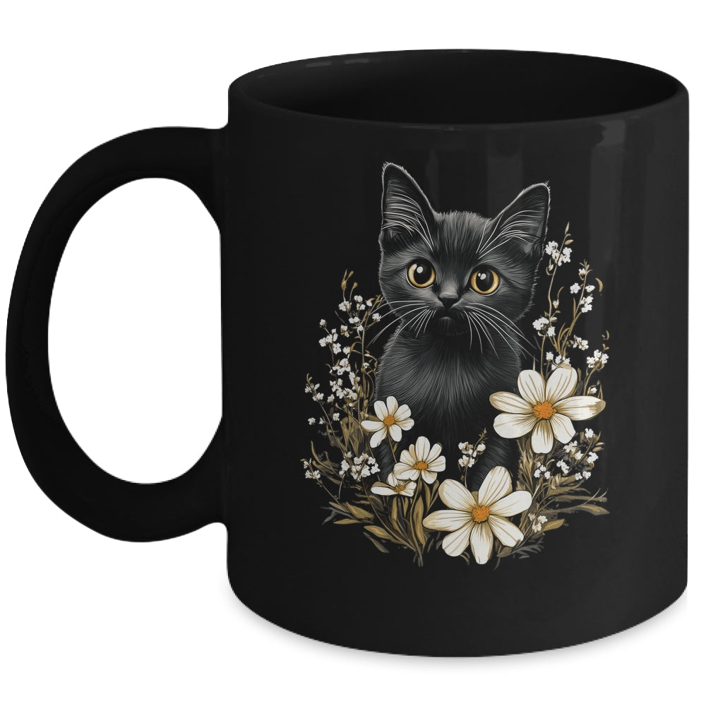 Cottagecore Black Cat Lover Flowers Women Girls Kids Mug | siriusteestore