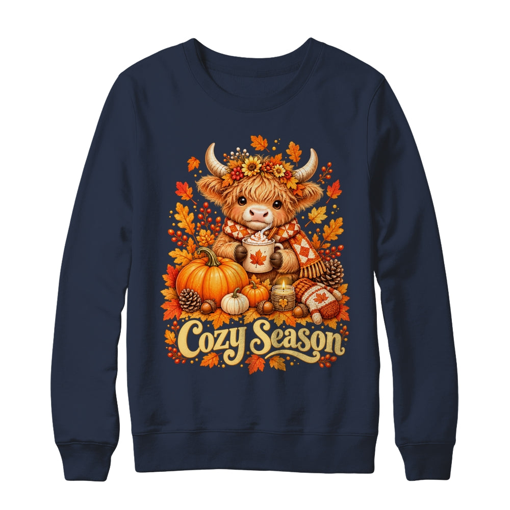 Cozy Season Highland Cow Pumpkin Autumn Fall Graphic Shirt & Sweatshirt | siriusteestore