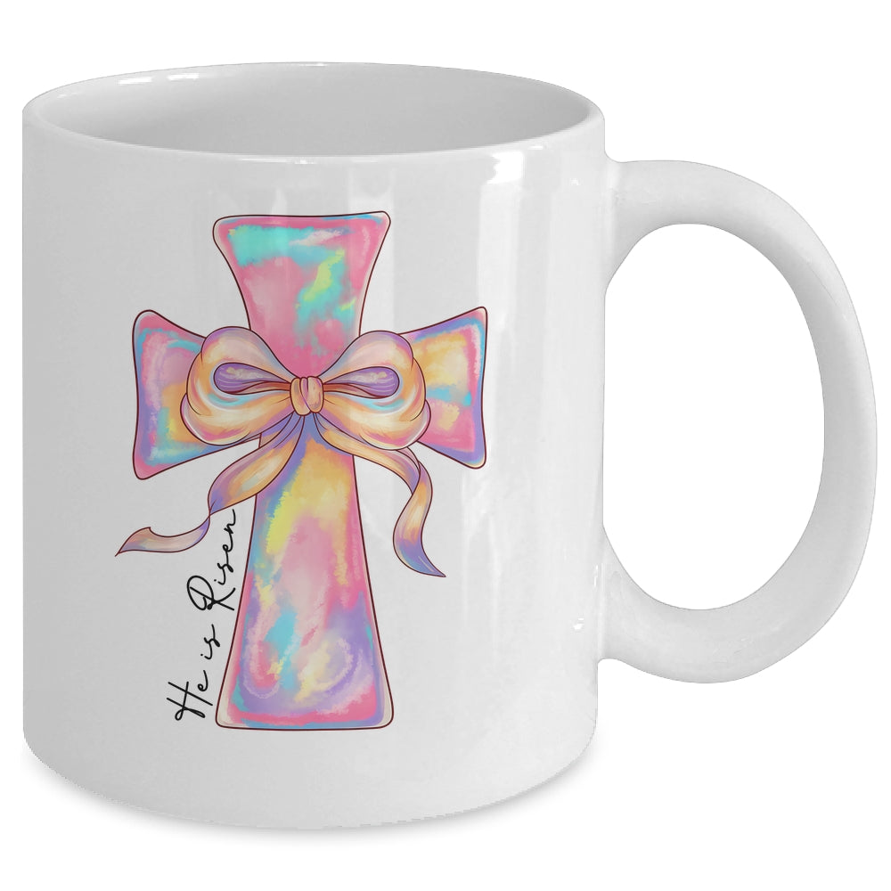 Cross Easter Pink He Is Risen Cross Coquette Bow Easter Mug | siriusteestore