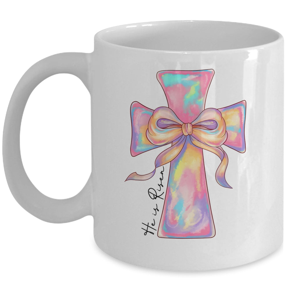 Cross Easter Pink He Is Risen Cross Coquette Bow Easter Mug | siriusteestore