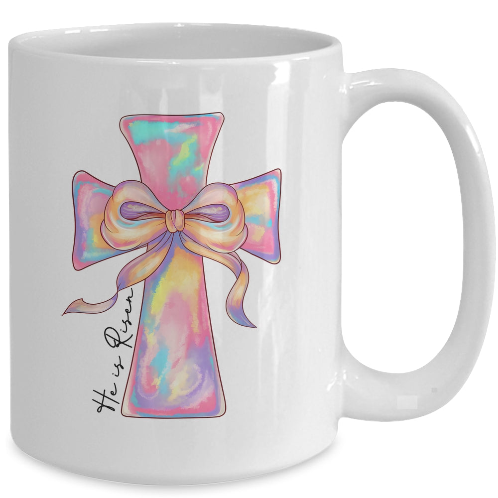 Cross Easter Pink He Is Risen Cross Coquette Bow Easter Mug | siriusteestore