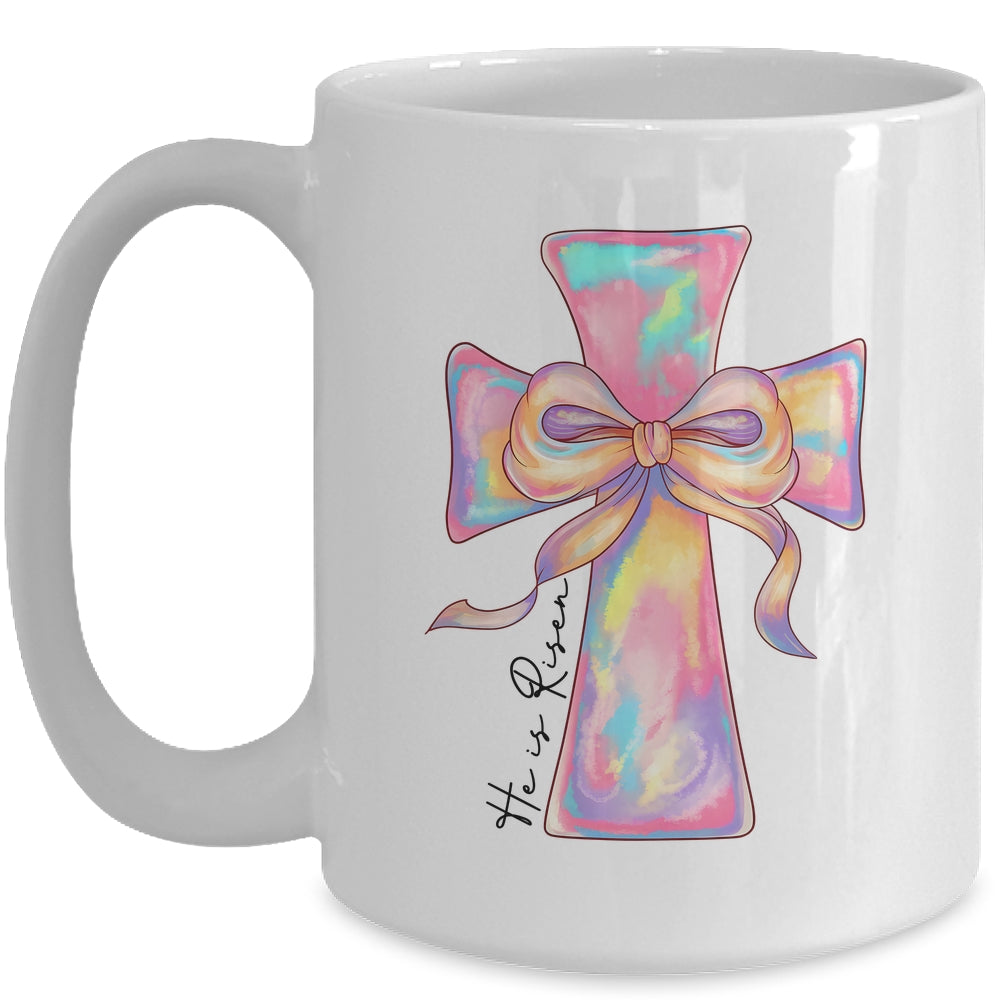 Cross Easter Pink He Is Risen Cross Coquette Bow Easter Mug | siriusteestore