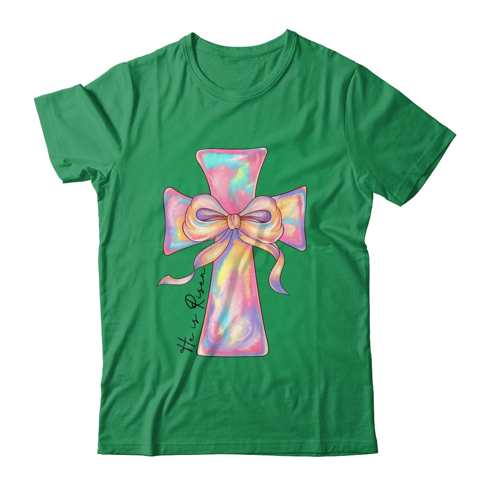 Cross Easter Pink He Is Risen Cross Coquette Bow Easter Shirt & Sweatshirt | siriusteestore