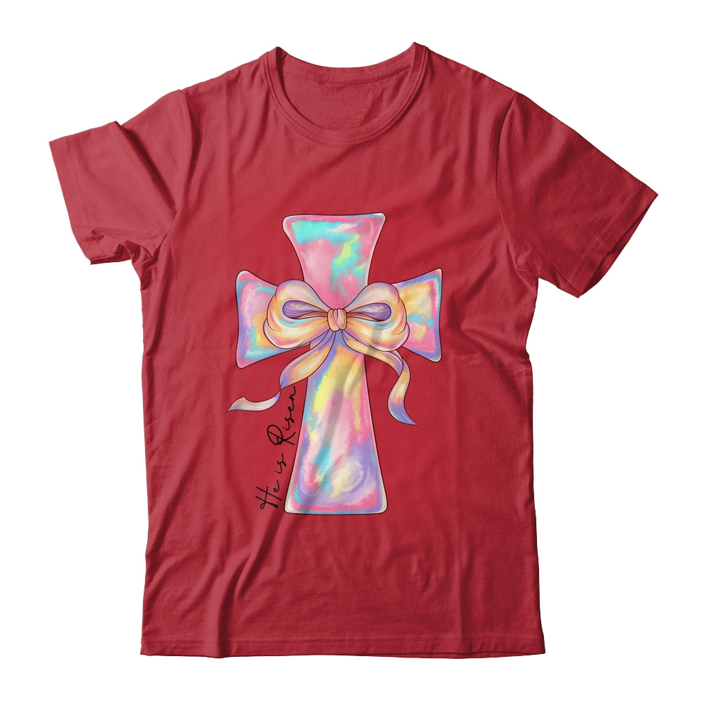 Cross Easter Pink He Is Risen Cross Coquette Bow Easter Shirt & Sweatshirt | siriusteestore