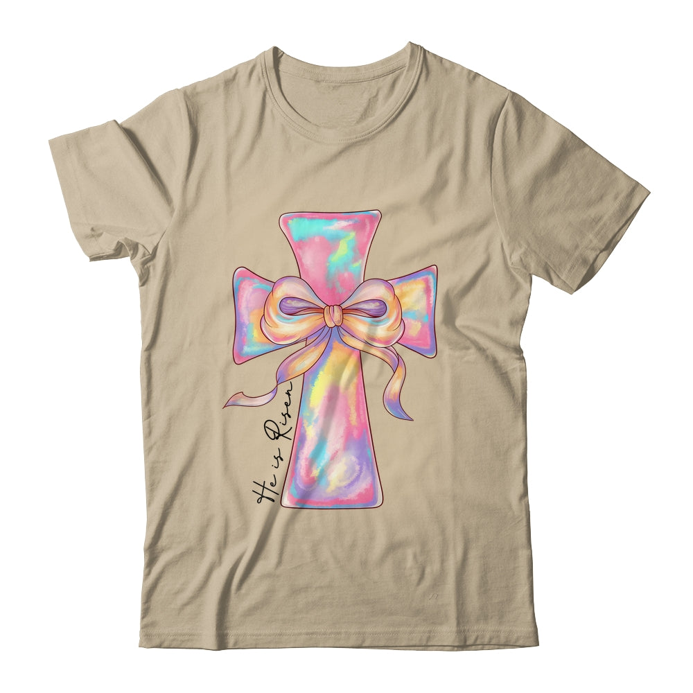 Cross Easter Pink He Is Risen Cross Coquette Bow Easter Shirt & Sweatshirt | siriusteestore