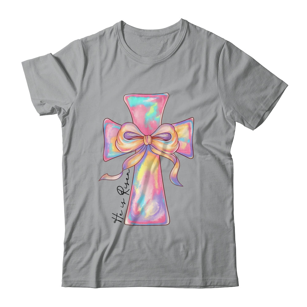 Cross Easter Pink He Is Risen Cross Coquette Bow Easter Shirt & Sweatshirt | siriusteestore