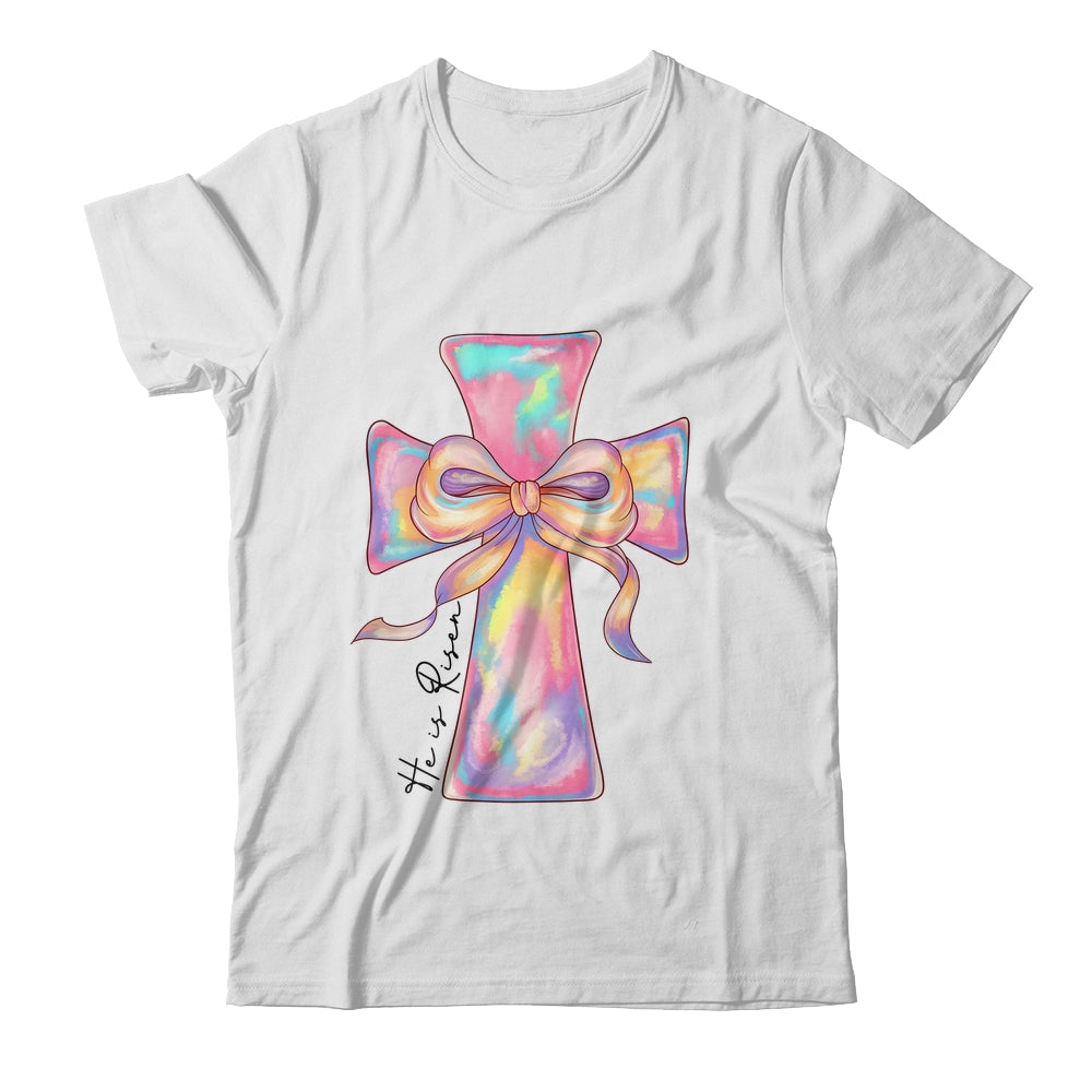 Cross Easter Pink He Is Risen Cross Coquette Bow Easter Shirt & Sweatshirt | siriusteestore