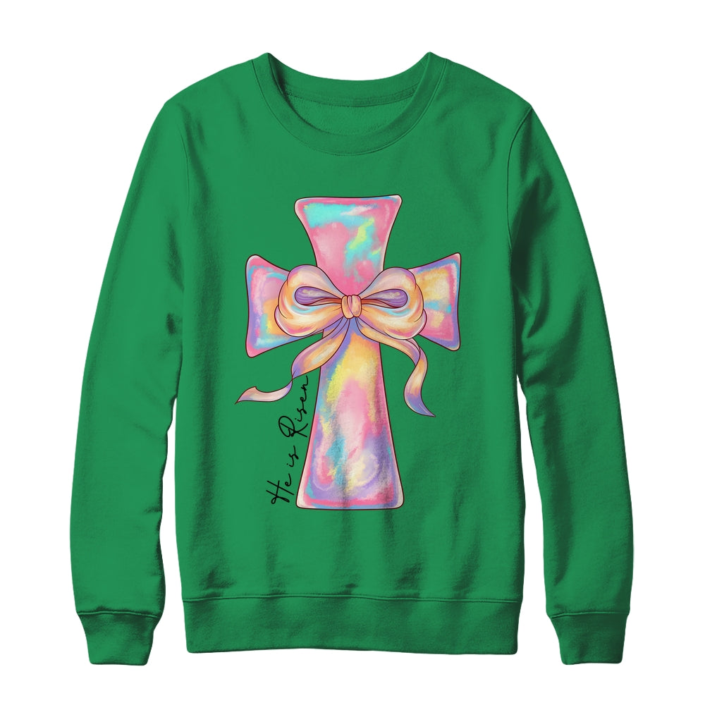 Cross Easter Pink He Is Risen Cross Coquette Bow Easter Shirt & Sweatshirt | siriusteestore