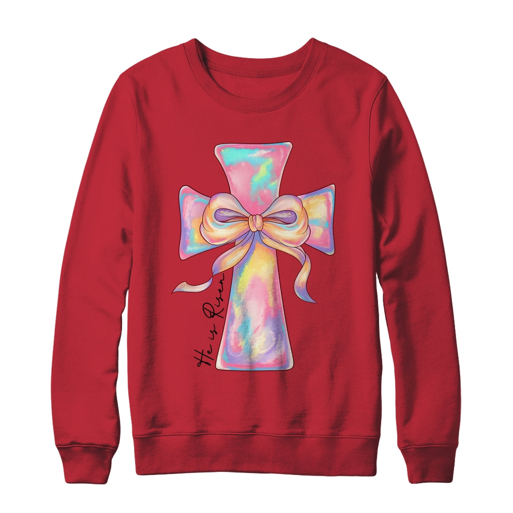 Cross Easter Pink He Is Risen Cross Coquette Bow Easter Shirt & Sweatshirt | siriusteestore