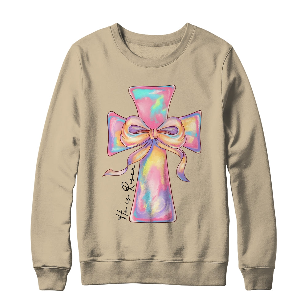 Cross Easter Pink He Is Risen Cross Coquette Bow Easter Shirt & Sweatshirt | siriusteestore