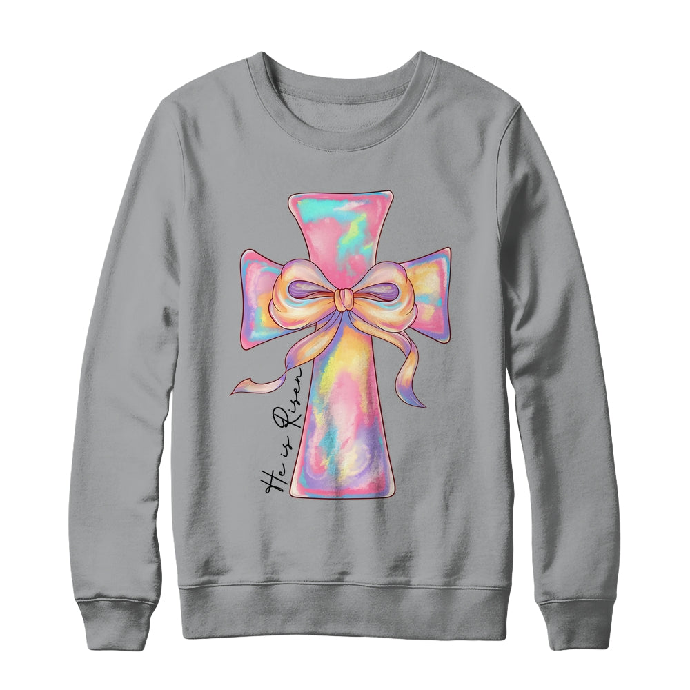 Cross Easter Pink He Is Risen Cross Coquette Bow Easter Shirt & Sweatshirt | siriusteestore