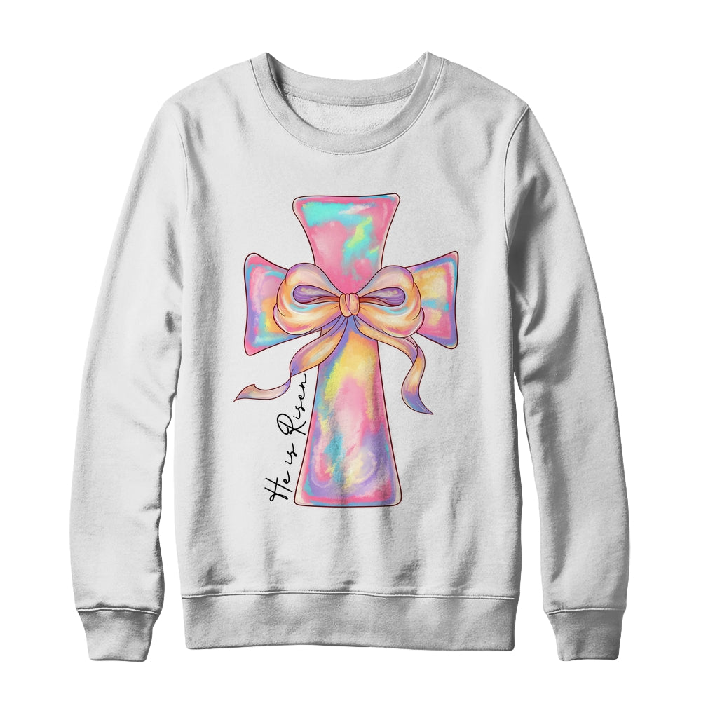Cross Easter Pink He Is Risen Cross Coquette Bow Easter Shirt & Sweatshirt | siriusteestore