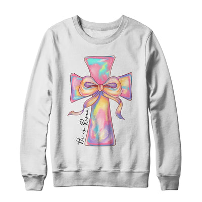 Cross Easter Pink He Is Risen Cross Coquette Bow Easter Shirt & Sweatshirt | siriusteestore