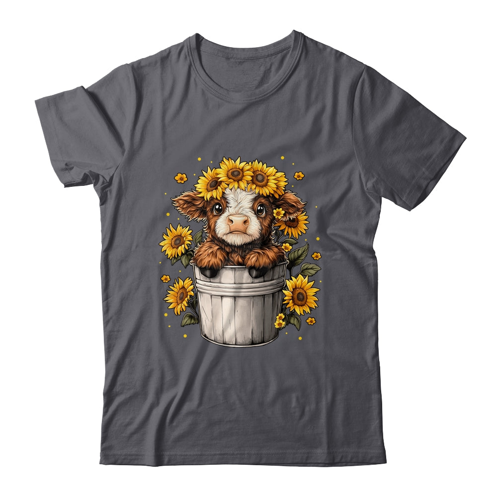 Cute Baby Highland Cow With Sunflowers In Bucket Women Girls Shirt & Tank Top | siriusteestore