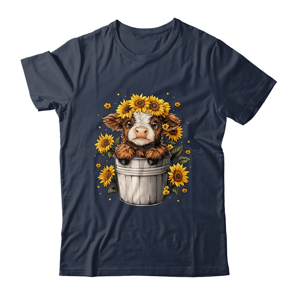 Cute Baby Highland Cow With Sunflowers In Bucket Women Girls Shirt & Tank Top | siriusteestore