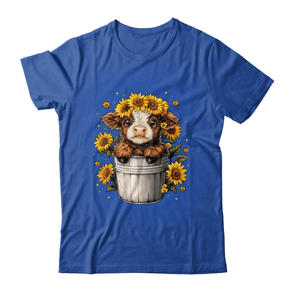 Cute Baby Highland Cow With Sunflowers In Bucket Women Girls Shirt & Tank Top | siriusteestore