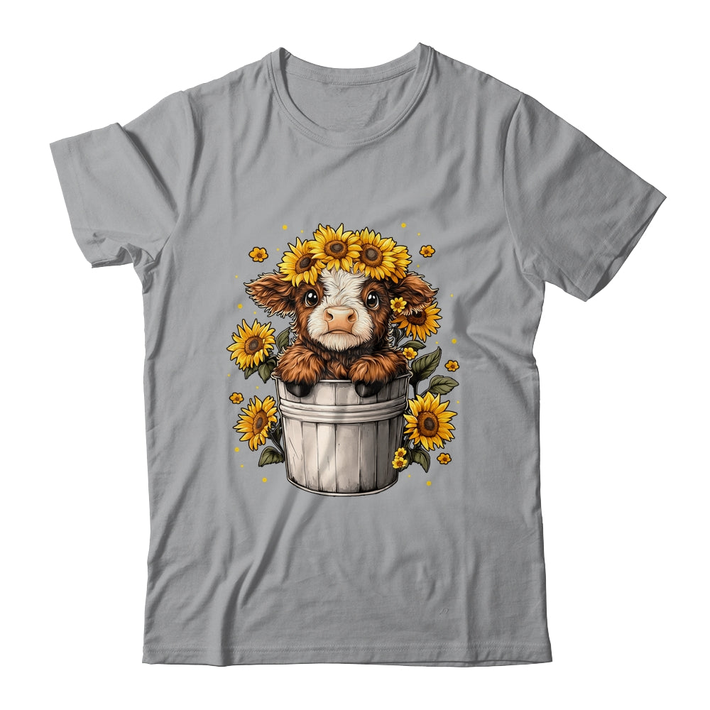 Cute Baby Highland Cow With Sunflowers In Bucket Women Girls Shirt & Tank Top | siriusteestore