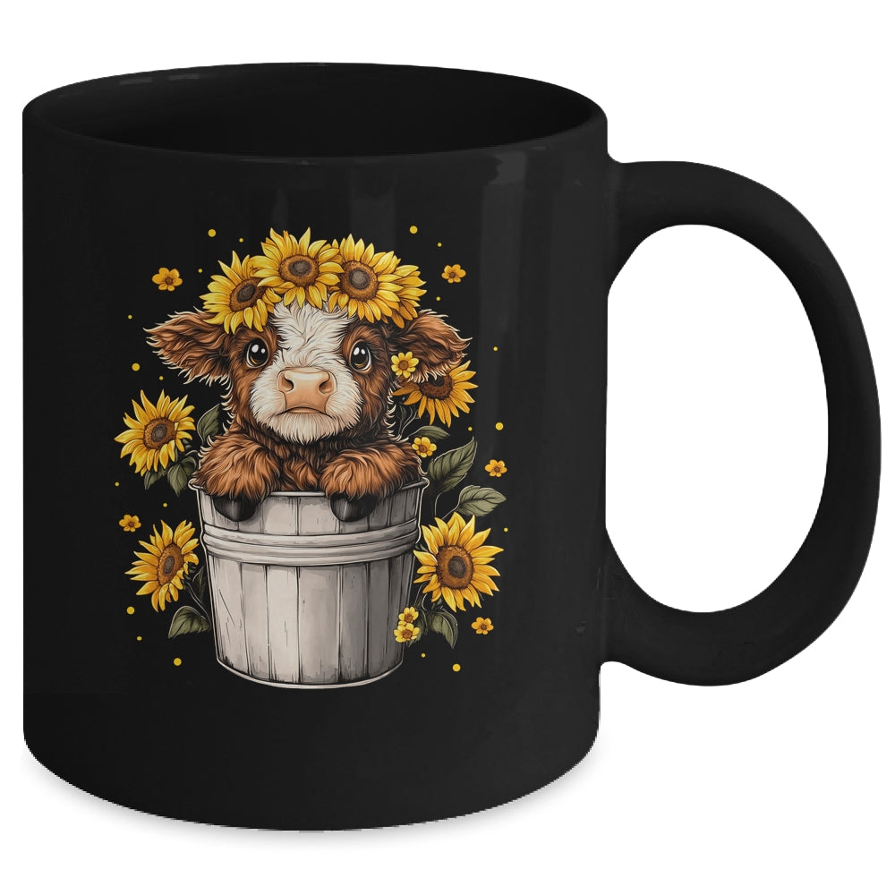 Cute Baby Highland Cow With Sunflowers In Bucket Women Girls Mug | siriusteestore