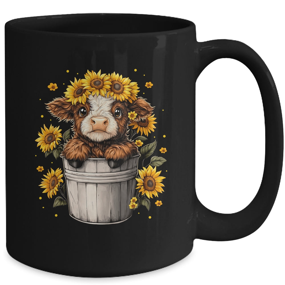 Cute Baby Highland Cow With Sunflowers In Bucket Women Girls Mug | siriusteestore