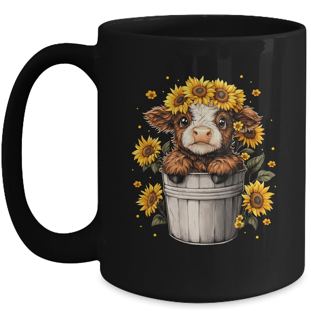 Cute Baby Highland Cow With Sunflowers In Bucket Women Girls Mug | siriusteestore
