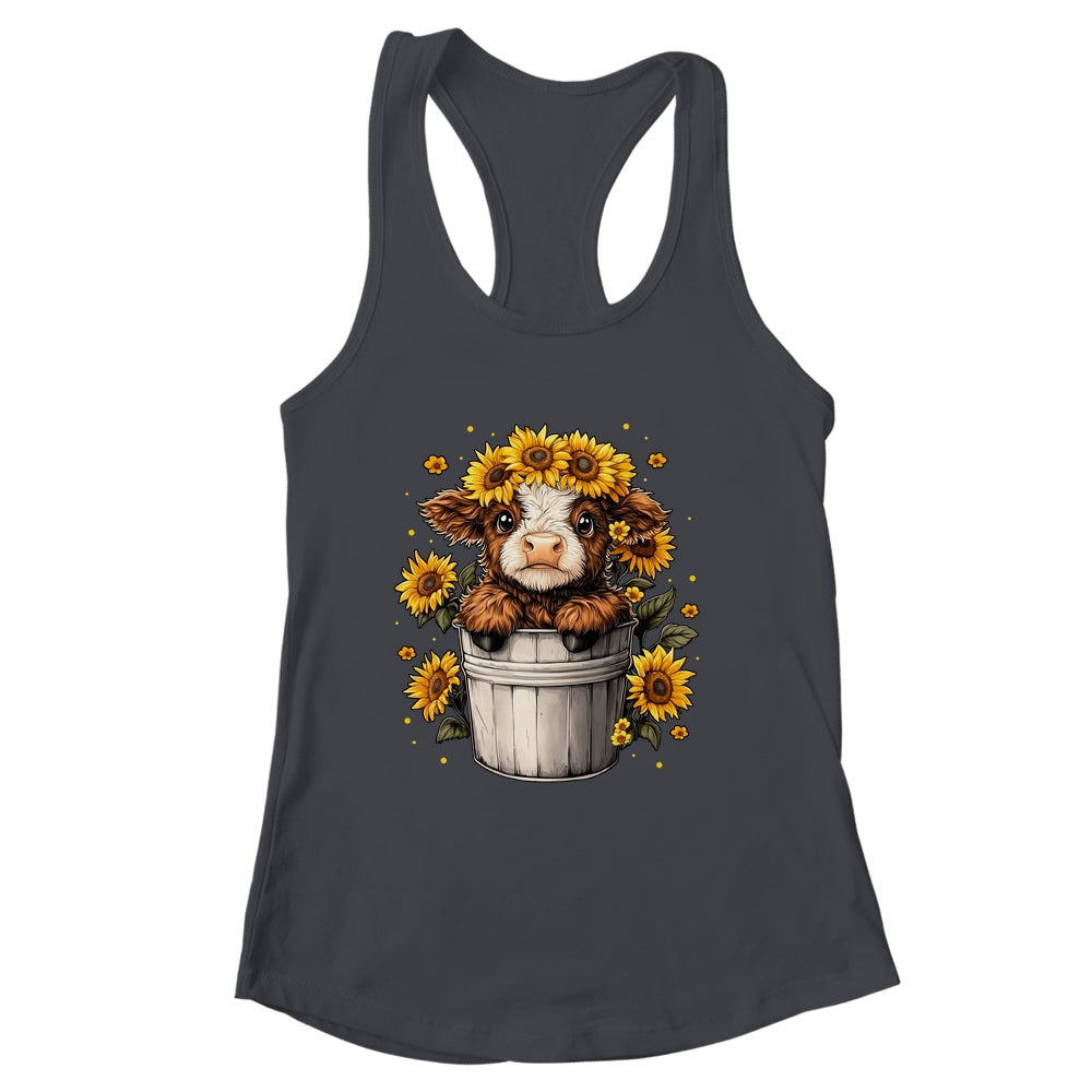 Cute Baby Highland Cow With Sunflowers In Bucket Women Girls Shirt & Tank Top | siriusteestore