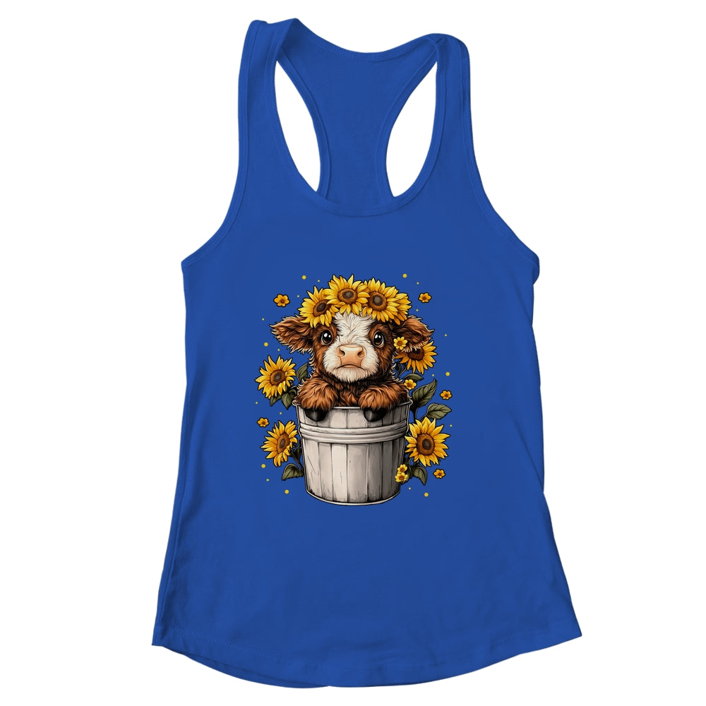 Cute Baby Highland Cow With Sunflowers In Bucket Women Girls Shirt & Tank Top | siriusteestore