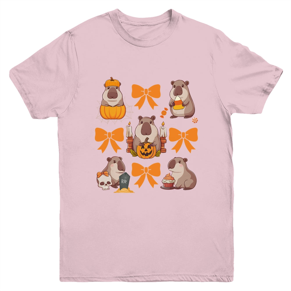 Cute Capybara Fall Halloween Capybara Coquette Bow Girls Youth Shirt | siriusteestore
