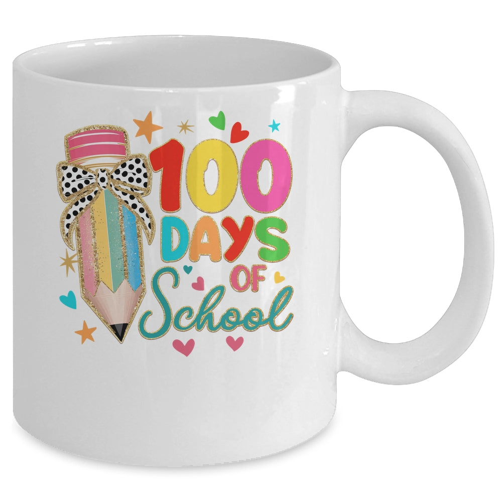 Cute Coquette Bow 100 Day Of School Pencil Teacher Mug | siriusteestore