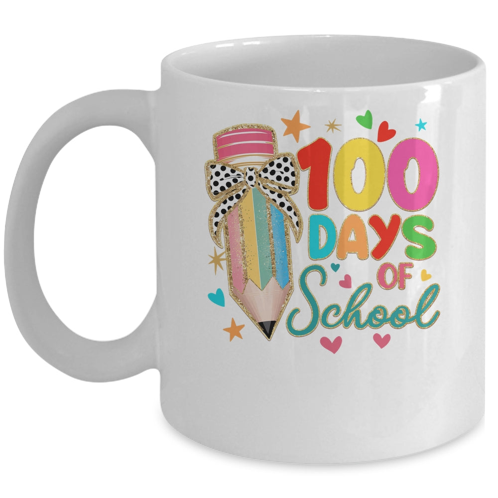 Cute Coquette Bow 100 Day Of School Pencil Teacher Mug | siriusteestore