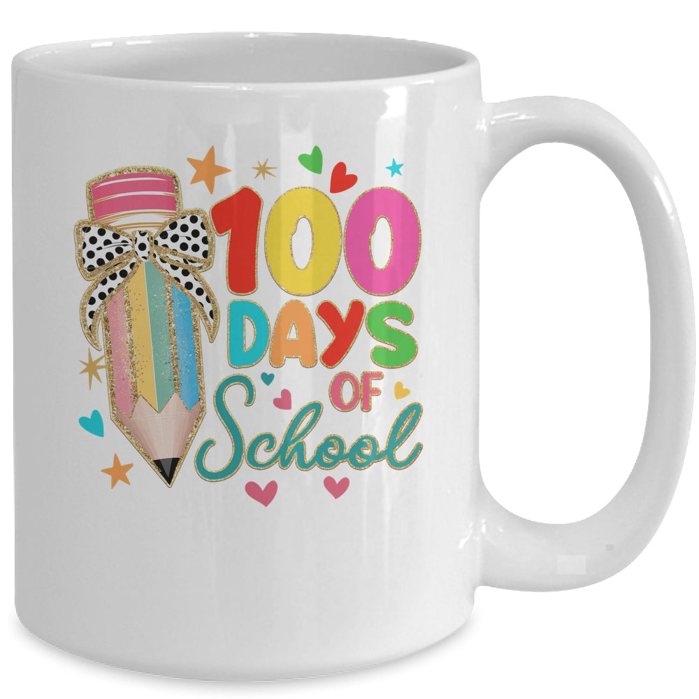 Cute Coquette Bow 100 Day Of School Pencil Teacher Mug | siriusteestore