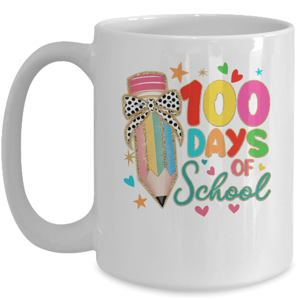 Cute Coquette Bow 100 Day Of School Pencil Teacher Mug | siriusteestore