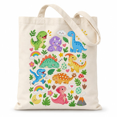 Cute Dinosaur Canvas Tote Bag Aesthetic Kawaii Dino Floral Rainbow Reusable Shopping Bags For Women Book Beach Grocery Everyday Gift Shoulder Canvas Tote Bag | siriusteestore
