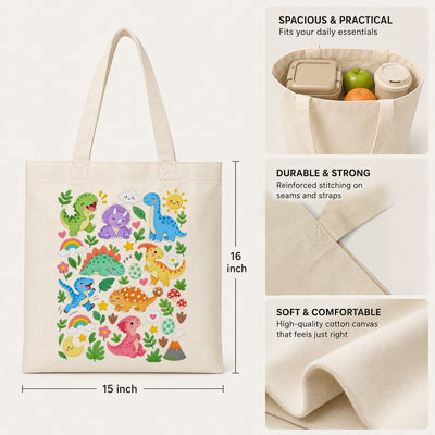 Cute Dinosaur Canvas Tote Bag Aesthetic Kawaii Dino Floral Rainbow Reusable Shopping Bags For Women Book Beach Grocery Everyday Gift Shoulder Canvas Tote Bag | siriusteestore