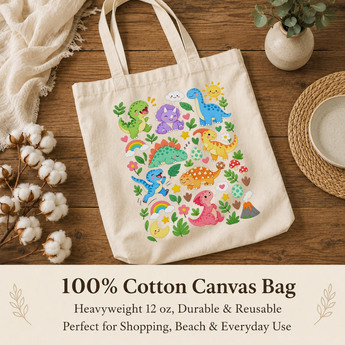 Cute Dinosaur Canvas Tote Bag Aesthetic Kawaii Dino Floral Rainbow Reusable Shopping Bags For Women Book Beach Grocery Everyday Gift Shoulder Canvas Tote Bag | siriusteestore