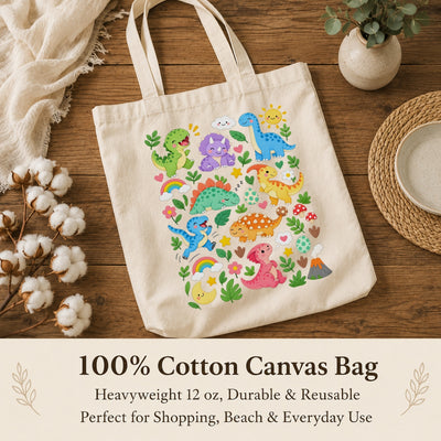 Cute Dinosaur Canvas Tote Bag Aesthetic Kawaii Dino Floral Rainbow Reusable Shopping Bags For Women Book Beach Grocery Everyday Gift Shoulder Canvas Tote Bag | siriusteestore