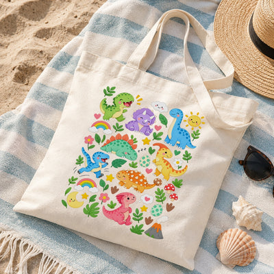 Cute Dinosaur Canvas Tote Bag Aesthetic Kawaii Dino Floral Rainbow Reusable Shopping Bags For Women Book Beach Grocery Everyday Gift Shoulder Canvas Tote Bag | siriusteestore