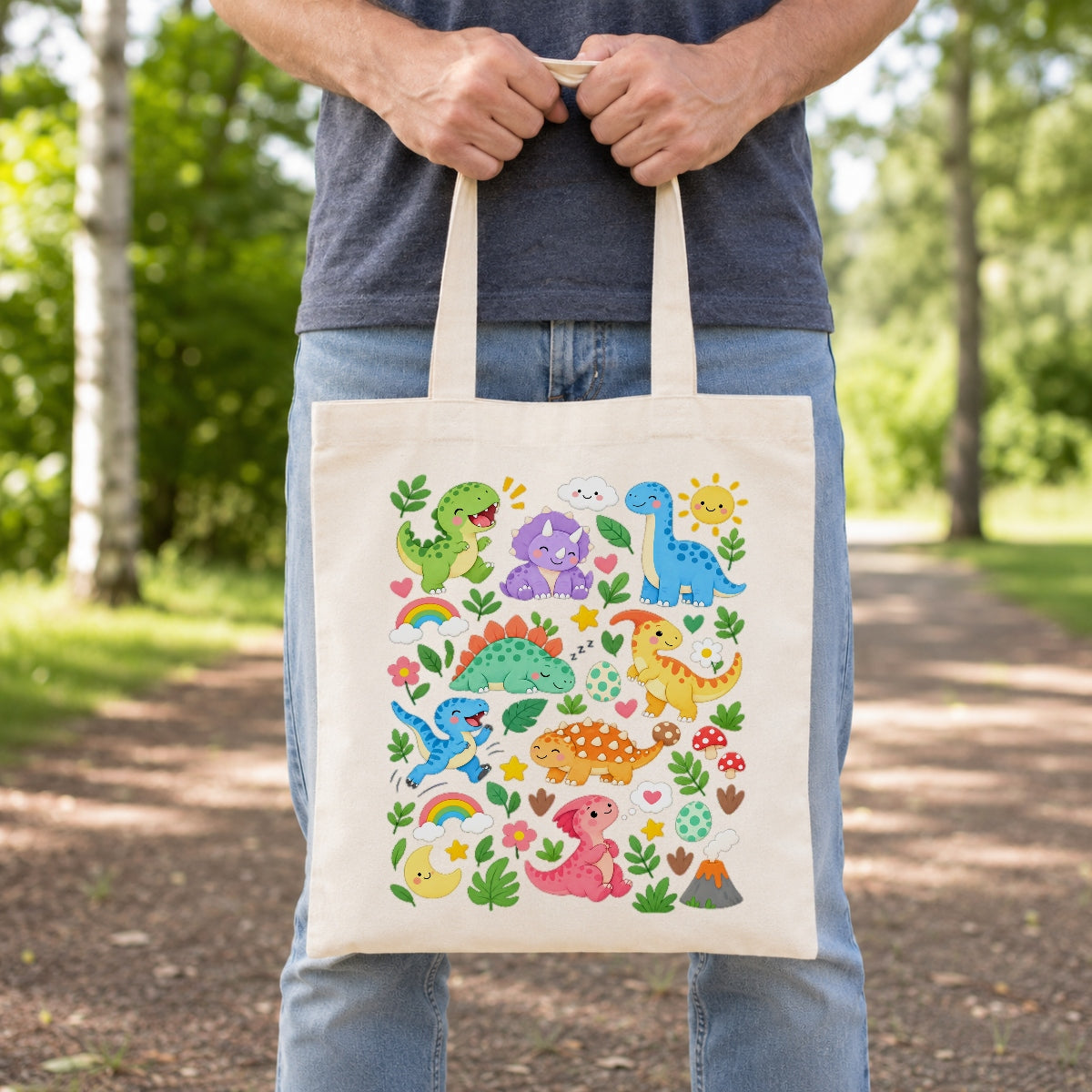 Cute Dinosaur Canvas Tote Bag Aesthetic Kawaii Dino Floral Rainbow Reusable Shopping Bags For Women Book Beach Grocery Everyday Gift Shoulder Canvas Tote Bag | siriusteestore