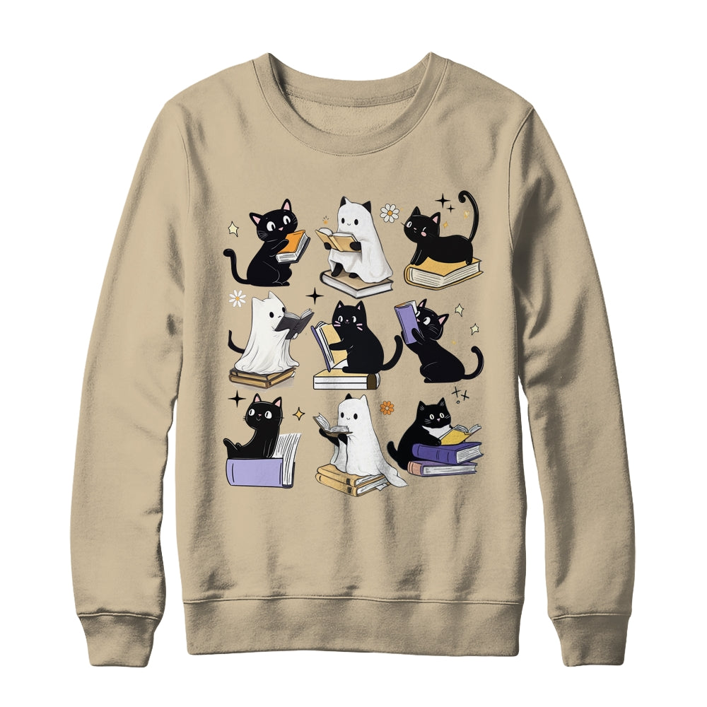 Cute Ghost Black Cat Reading Books Spooky Halloween Bookish Shirt & Sweatshirt | siriusteestore