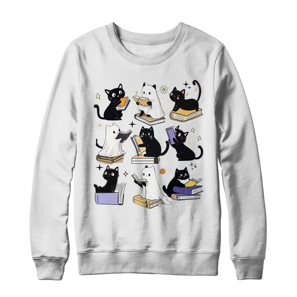 Cute Ghost Black Cat Reading Books Spooky Halloween Bookish Shirt & Sweatshirt | siriusteestore