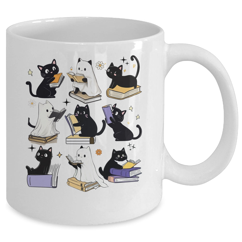 Cute Ghost Black Cat Reading Books Spooky Halloween Bookish Mug | siriusteestore
