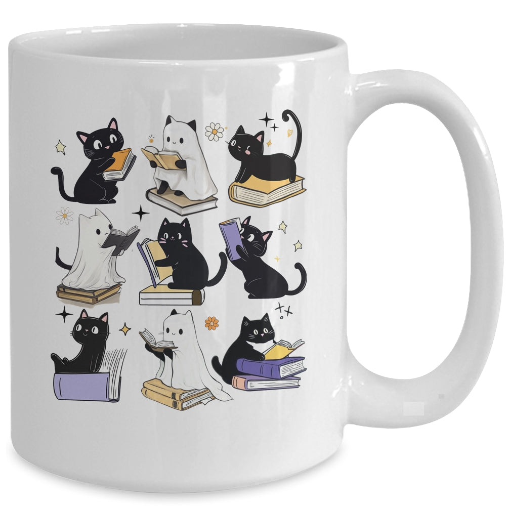 Cute Ghost Black Cat Reading Books Spooky Halloween Bookish Mug | siriusteestore