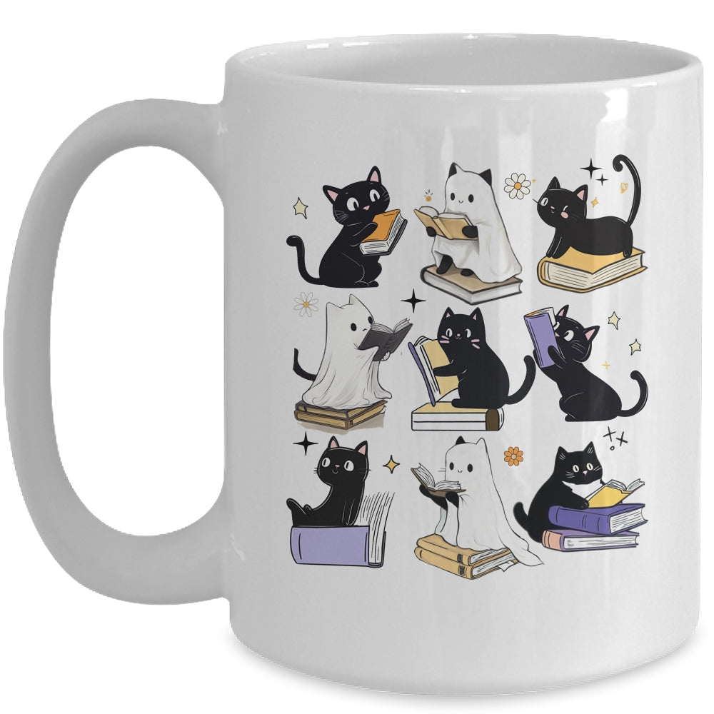 Cute Ghost Black Cat Reading Books Spooky Halloween Bookish Mug | siriusteestore