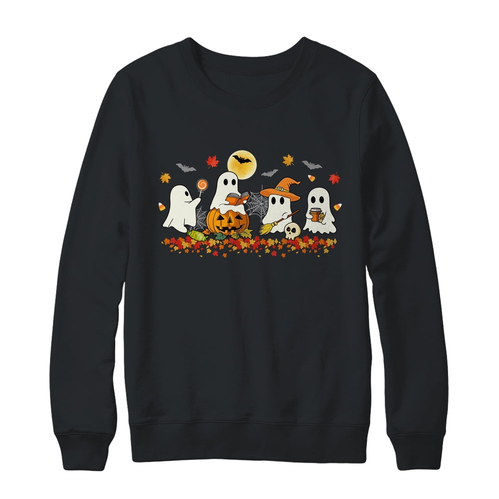 Cute Ghost Drinking Coffee Halloween Fall Ghost Reading Book Shirt & Sweatshirt | siriusteestore