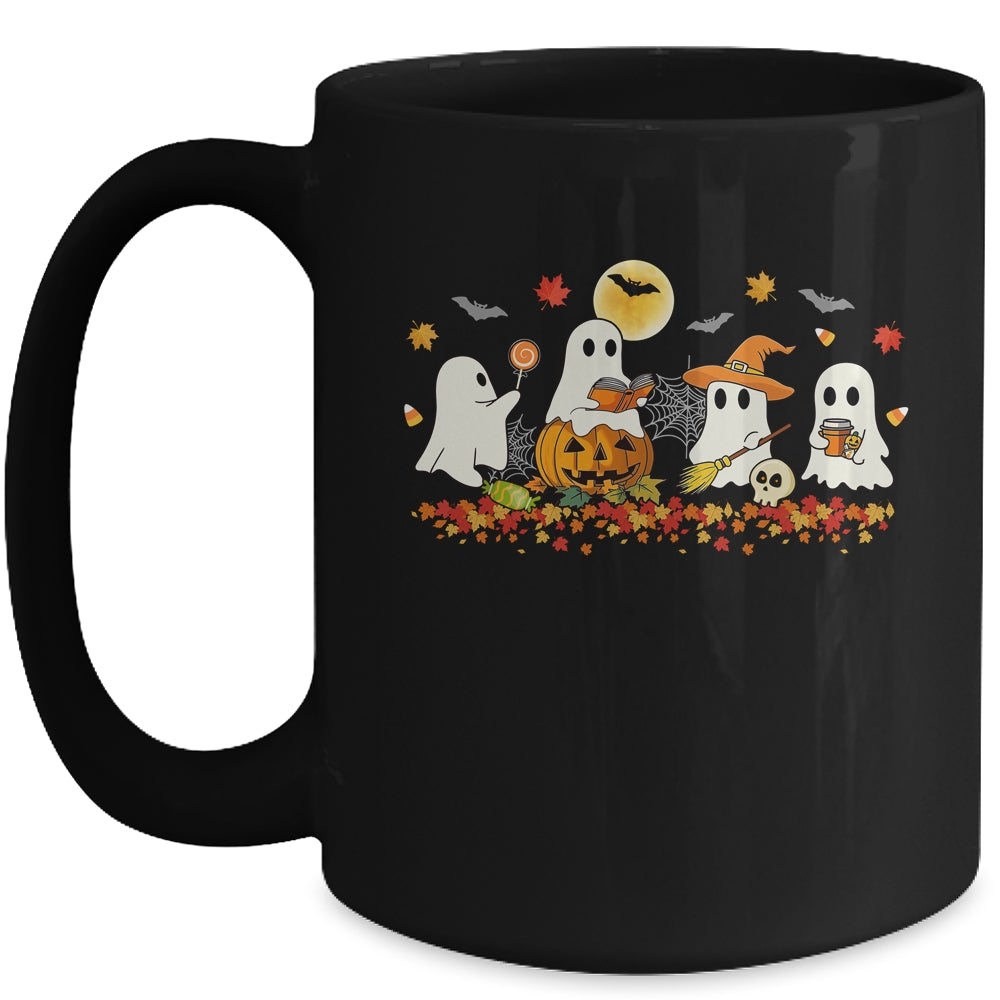 Cute Ghost Drinking Coffee Halloween Fall Ghost Reading Book Mug | siriusteestore