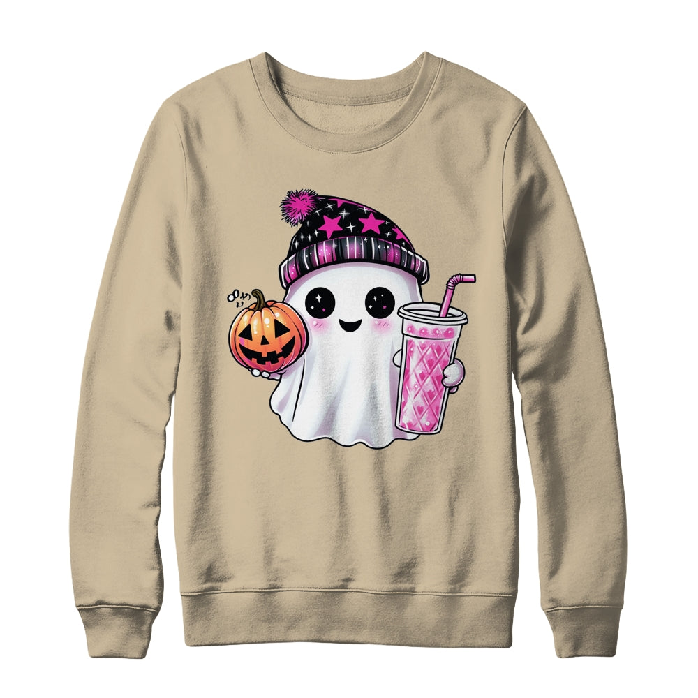 Cute Ghost Drinking Coffee Halloween Ghost Ice Coffee Womens Shirt & Sweatshirt | siriusteestore