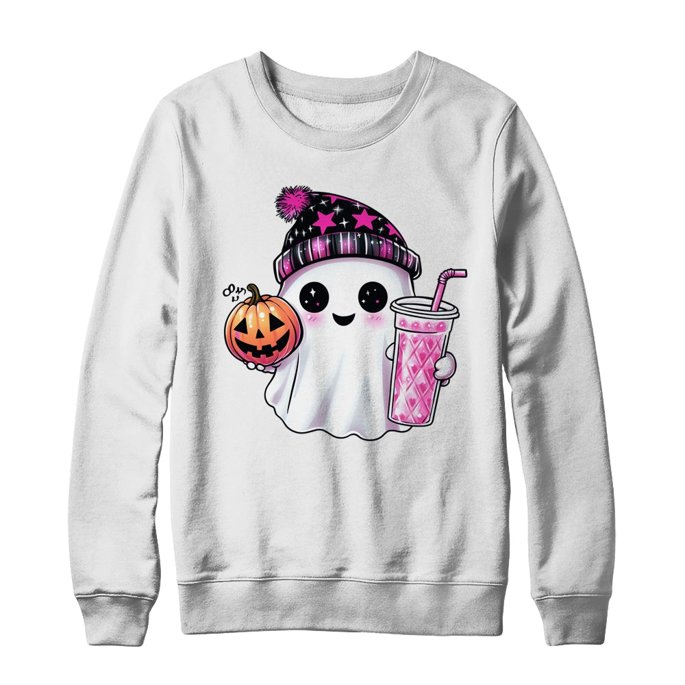 Cute Ghost Drinking Coffee Halloween Ghost Ice Coffee Womens Shirt & Sweatshirt | siriusteestore